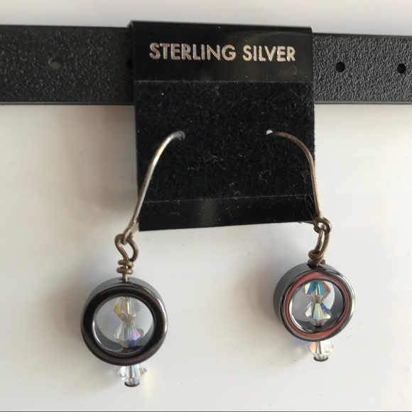 Vintage Handmade Hematite Circle Swarovski Crystal Sterling Silver Earrings - Picture 3 of 4